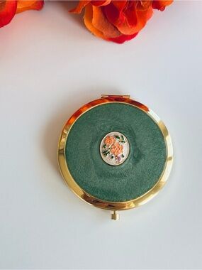 Green Velvet Compact Mirror with Gold Frame and Floral Accent